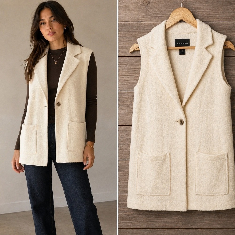 Tahari Wool Blend Long Cardigan Vest XS Oversized Quiet Luxury Preppy Academia